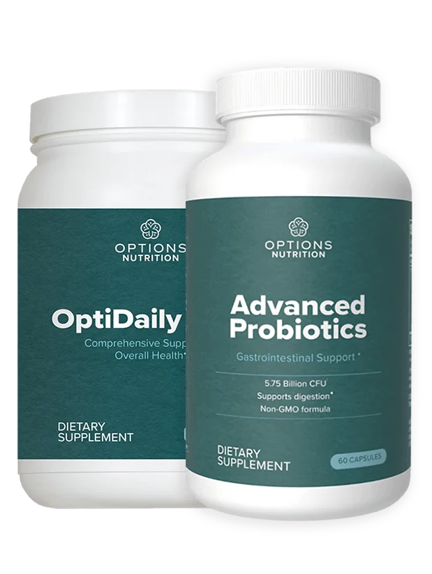 Two white bottles of dietary supplements labeled OptiDaily and Advanced Probiotics by Options Nutrition, with teal green labels and white text. Both bottles are positioned side by side.