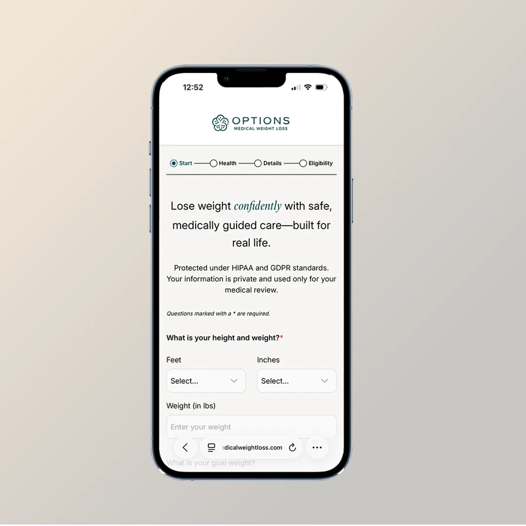 A smartphone displays a weight loss program website, showing a form that asks for height and weight. The screen features the Options Medical Weight Loss logo at the top. The phone is centered on a light gradient background.