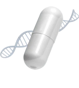 A white capsule pill is shown in the foreground, with a faint light blue DNA double helix strand in the background.